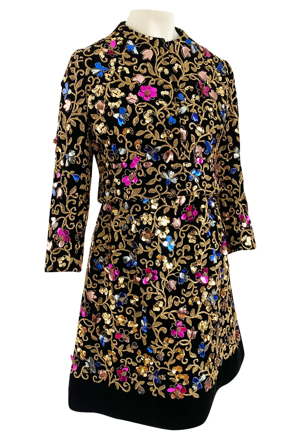 1960s Arnold Scaasi Couture Gold Cording, Beading & Metallic Applique Dress Jacket Set