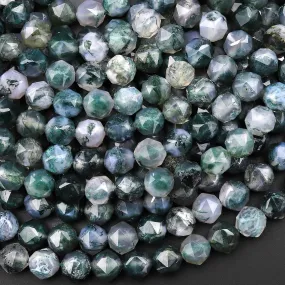 AAA Faceted Natural Green Moss Agate 8mm Round Beads Double Hearted Star Cut Gemstone 15.5" Strand