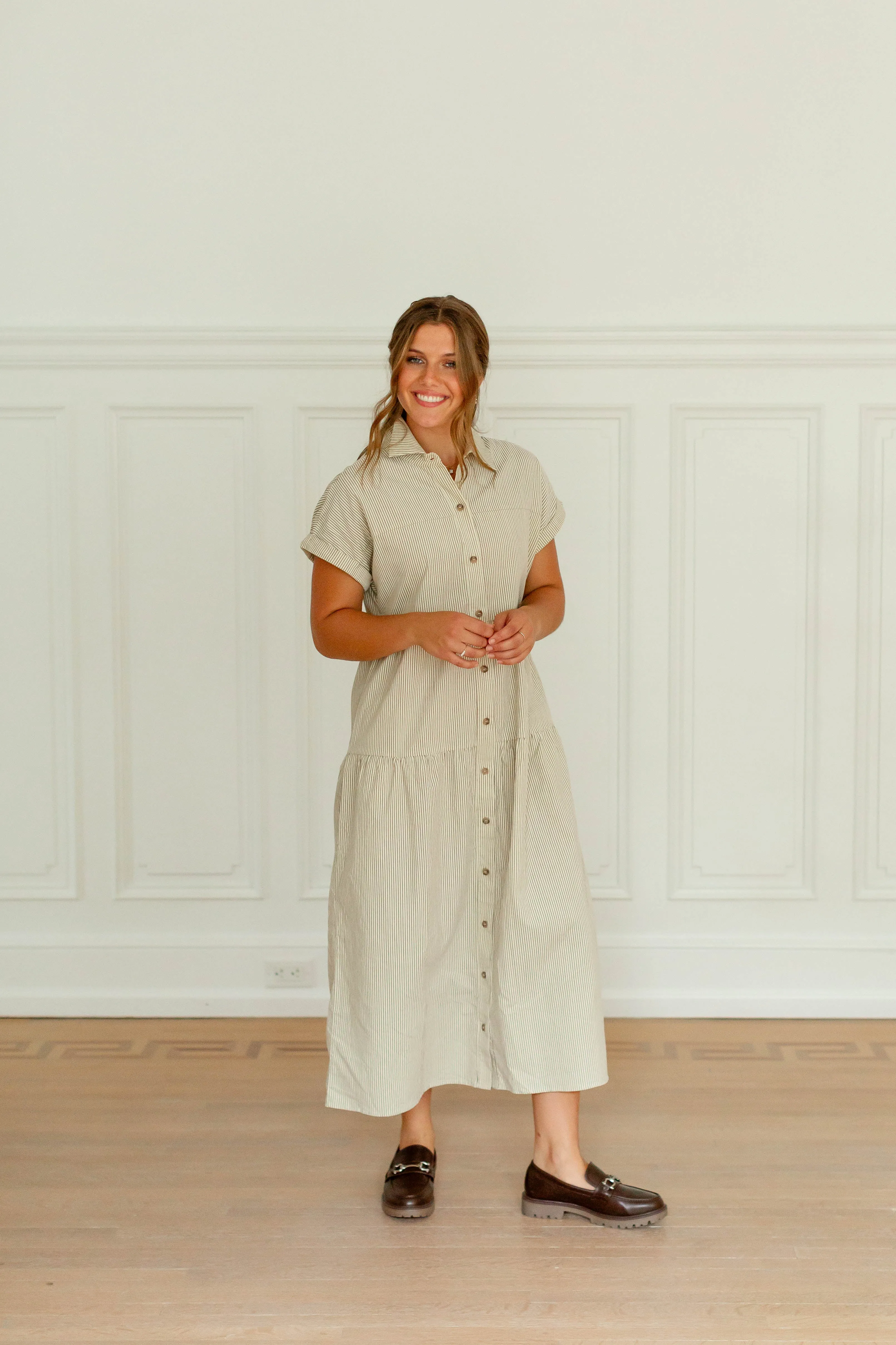 'Angie' Pinstripe Corduroy Button Up Dress in Cream