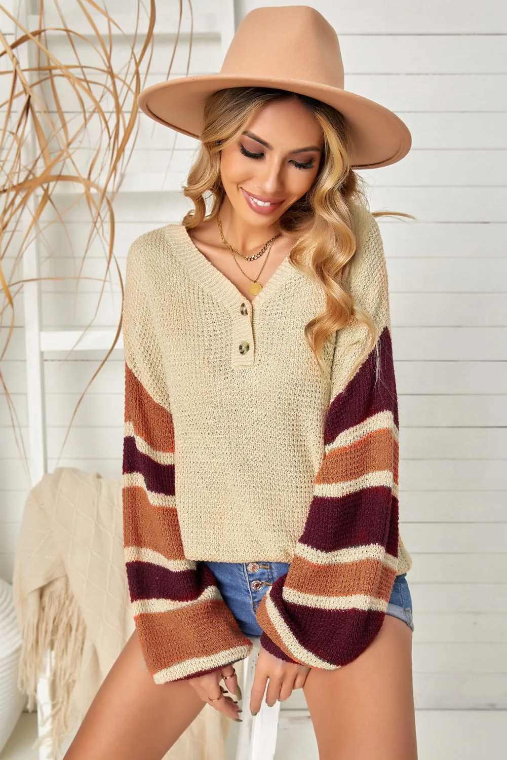 Beige Striped Drop Shoulder Winter Sweater