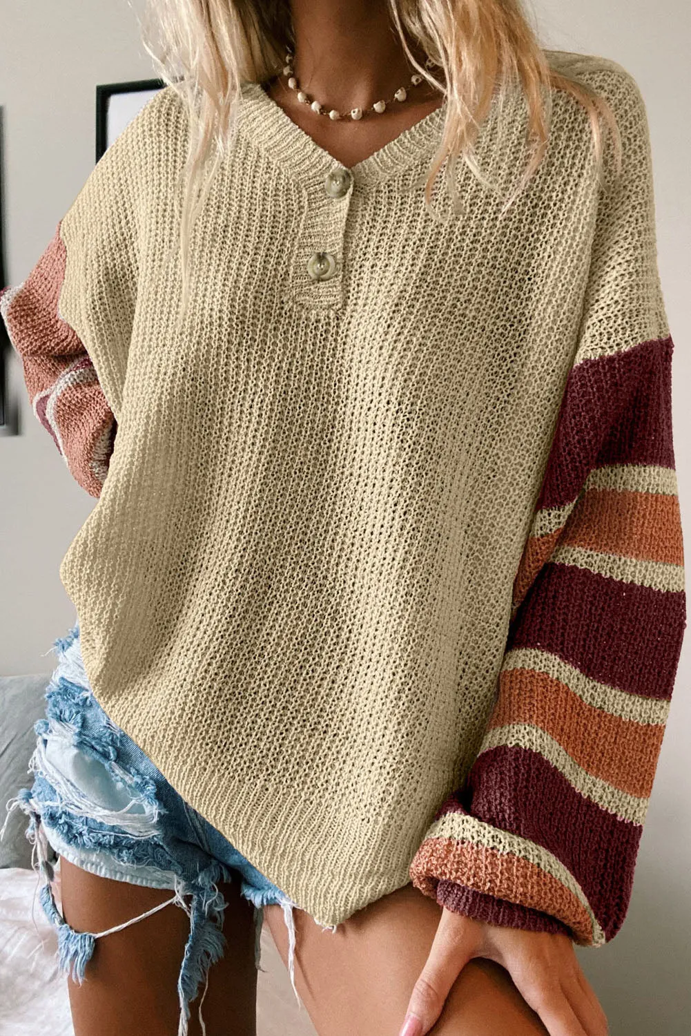 Beige Striped Drop Shoulder Winter Sweater