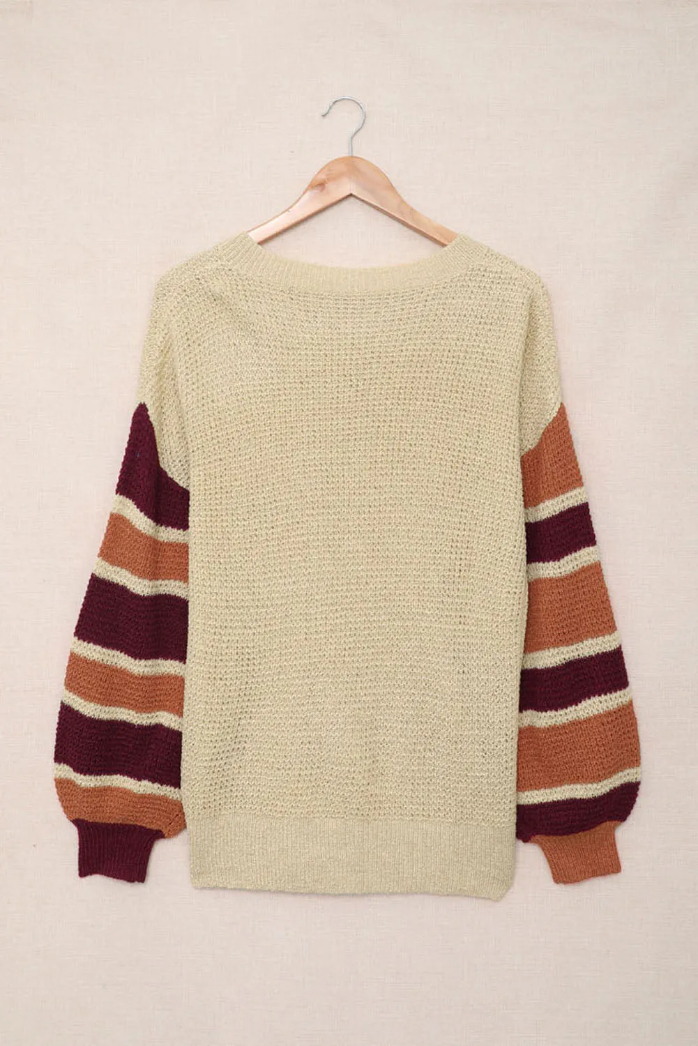 Beige Striped Drop Shoulder Winter Sweater