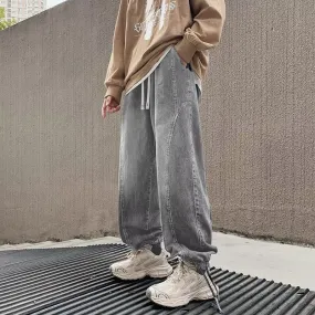 Bonsir 90s streetwear Straight Jeans Men's Spring and Autumn Japanese Men's Washed Blue Loose Wide-Leg Casual Ankle-Tied Pants Men's