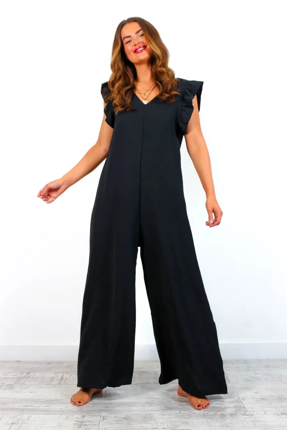 Diamond In The Ruffle - Black Wide Leg Jumpsuit