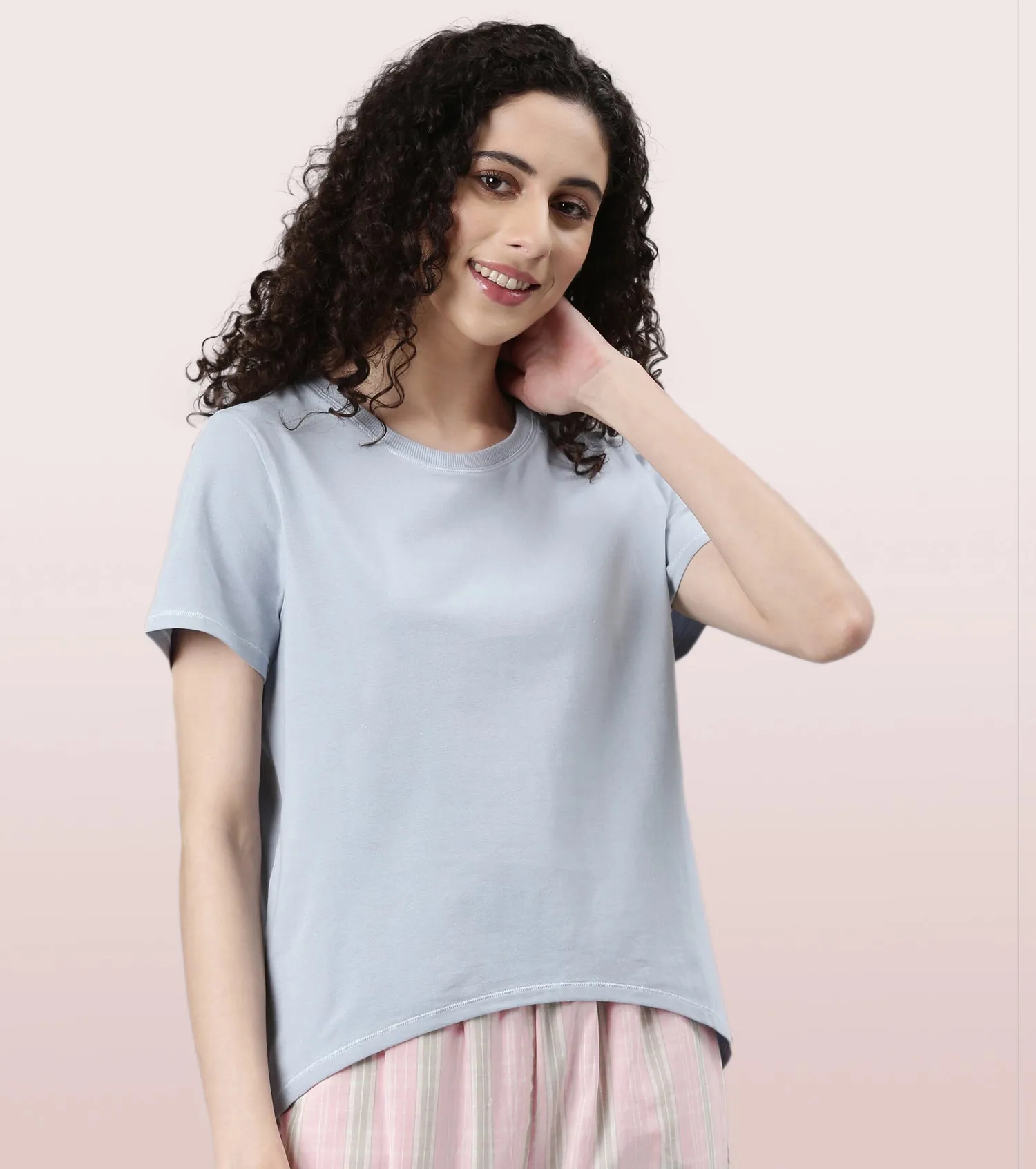  Enamor Basic Stretch Cotton Tee | Short Sleeve Crew Neck Tee For Women | E305