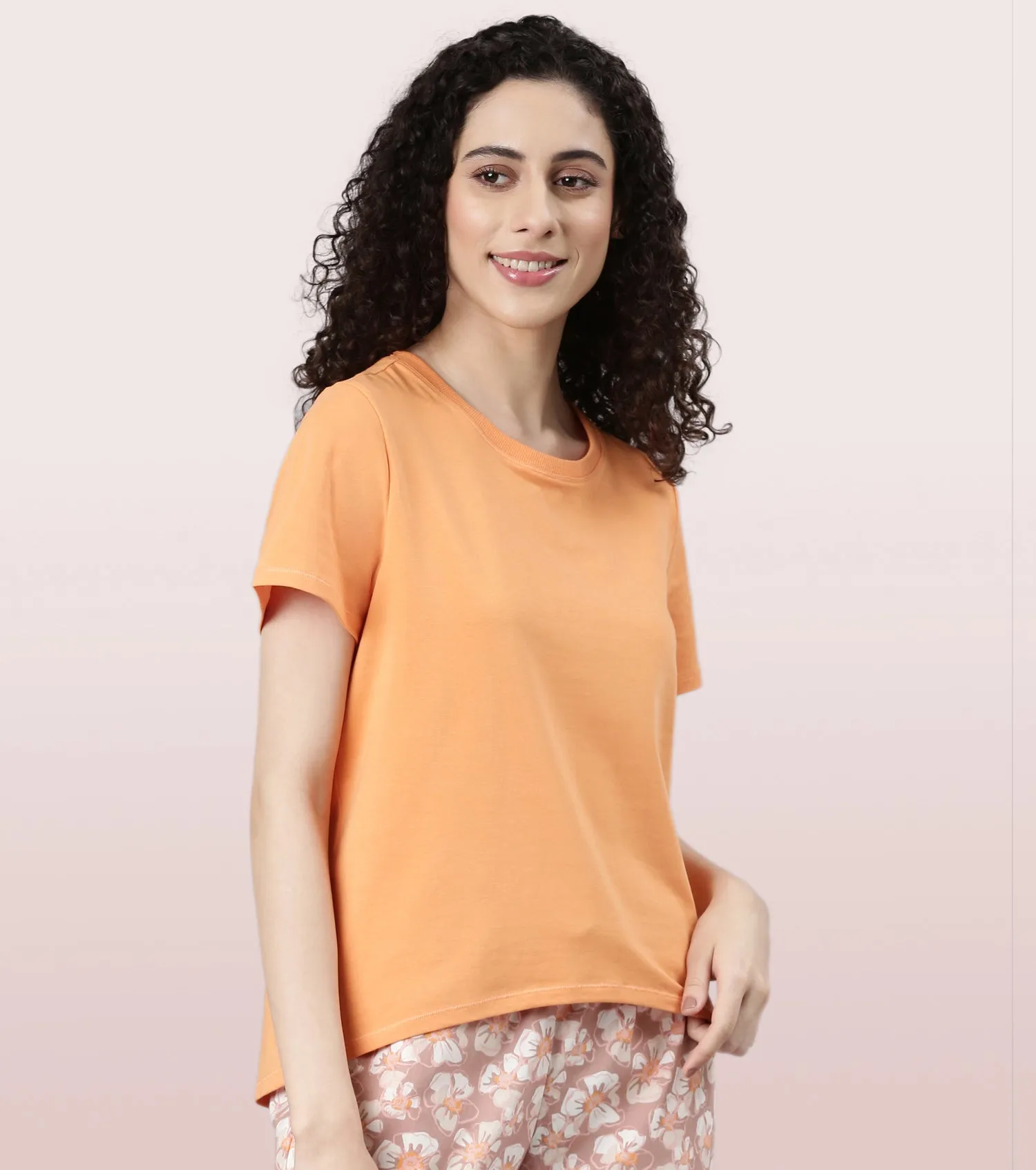  Enamor Basic Stretch Cotton Tee | Short Sleeve Crew Neck Tee For Women | E305