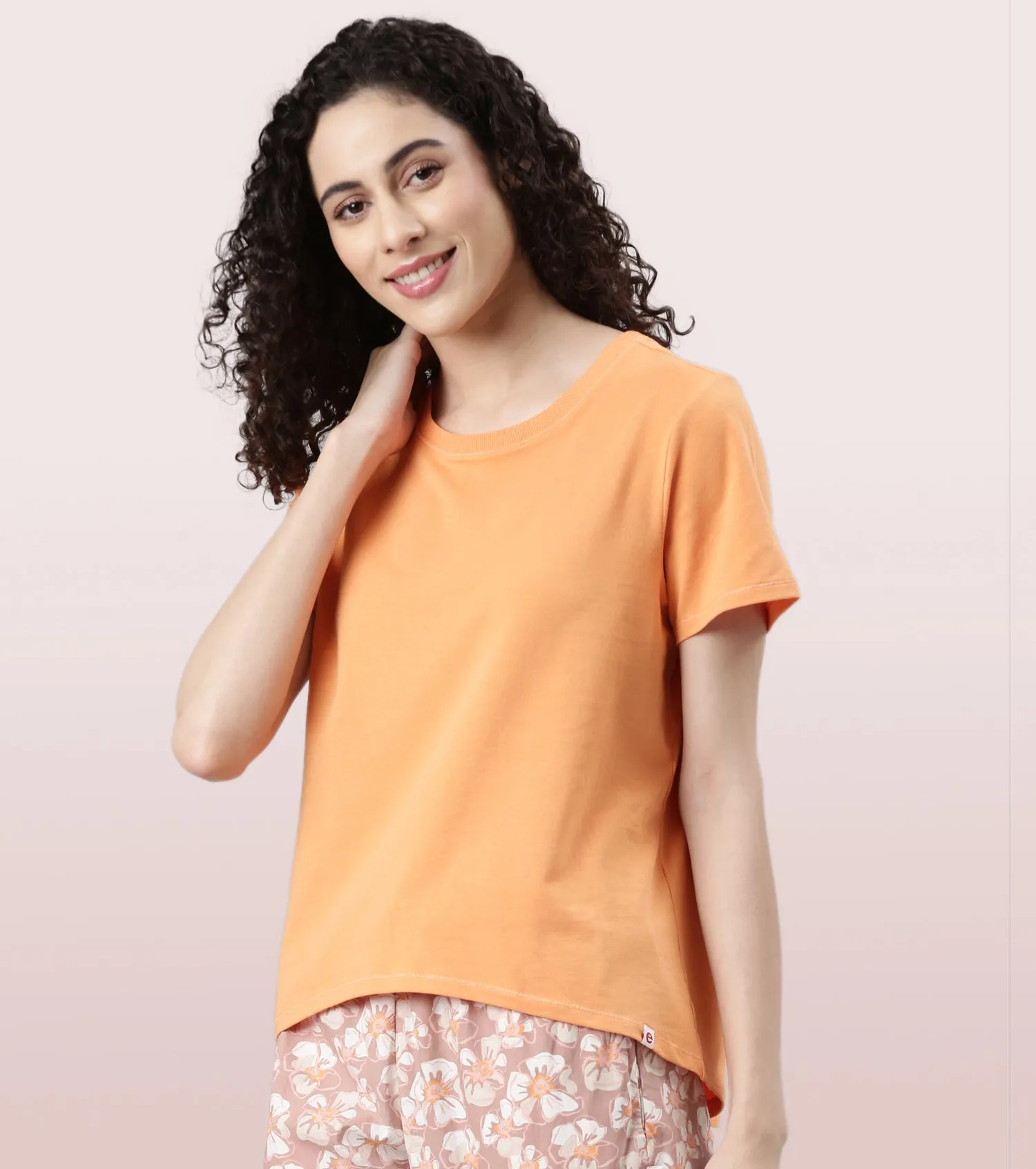  Enamor Basic Stretch Cotton Tee | Short Sleeve Crew Neck Tee For Women | E305