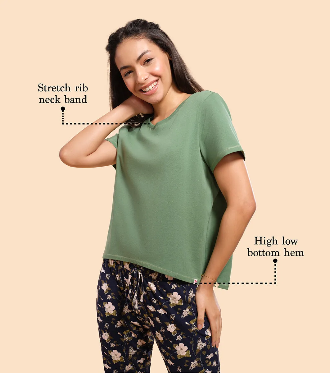  Enamor Basic Stretch Cotton Tee | Short Sleeve Crew Neck Tee For Women | E305