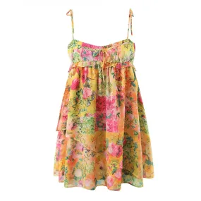 Flowy Boho Print Bow Tie Strap Tiered Chiffon Ruffled Babydoll Mini Sundres