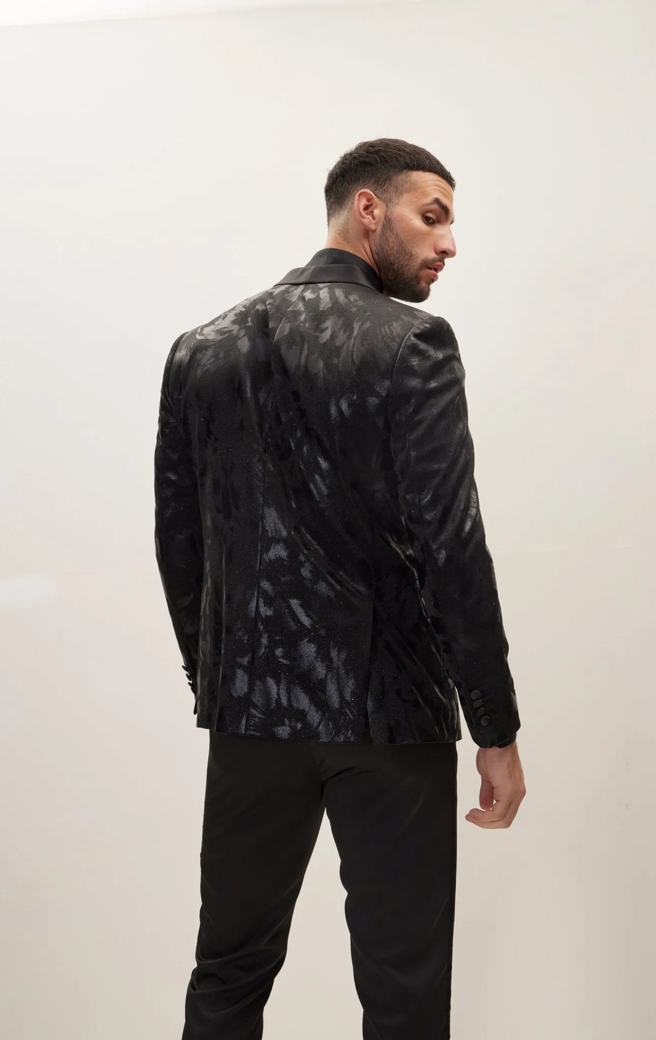 Foil Brush Strokes Shawl Lapel Tuxedo Jacket - Black