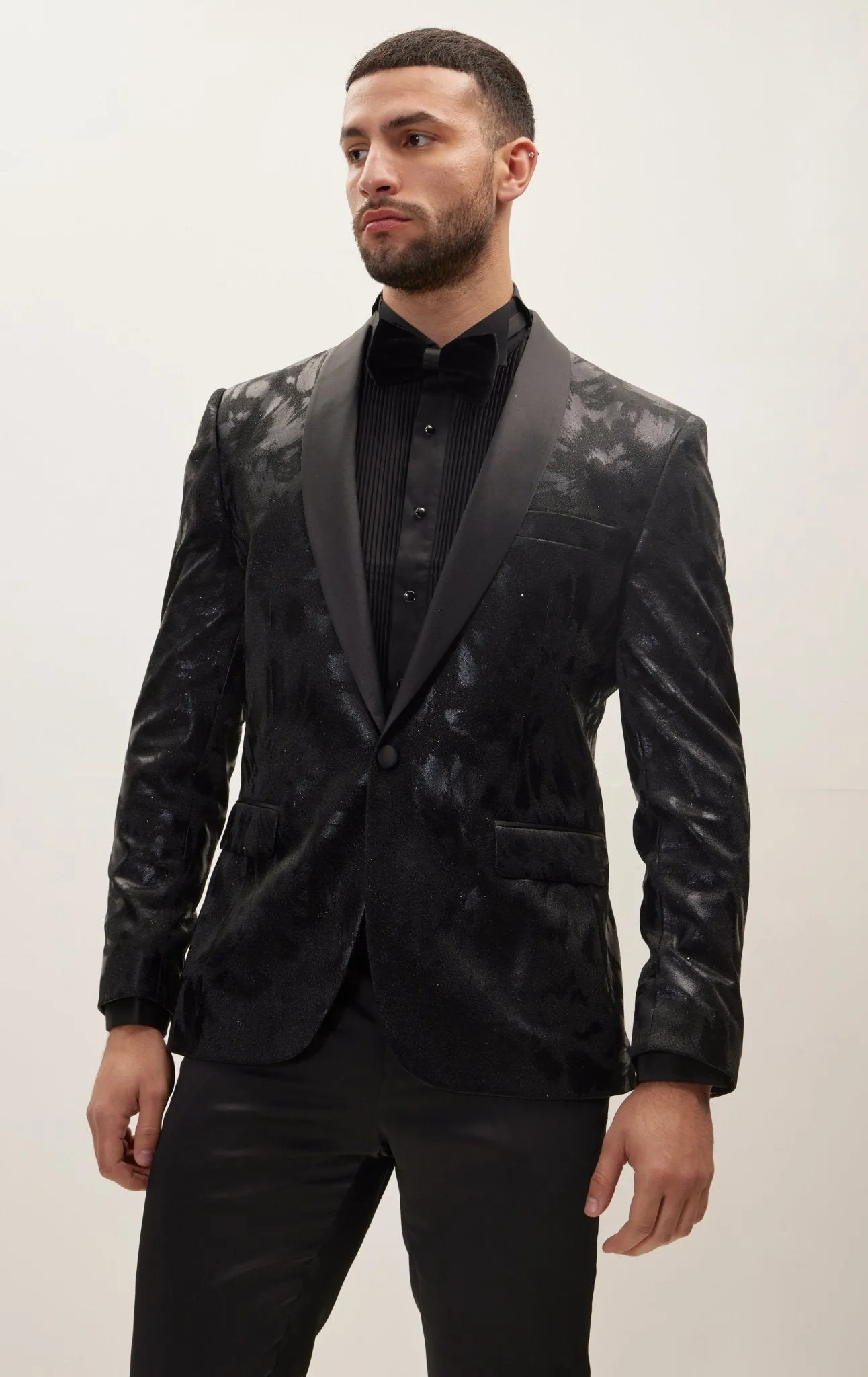 Foil Brush Strokes Shawl Lapel Tuxedo Jacket - Black