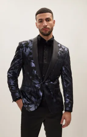 Foil Brush Strokes Shawl Lapel Tuxedo Jacket - Navy