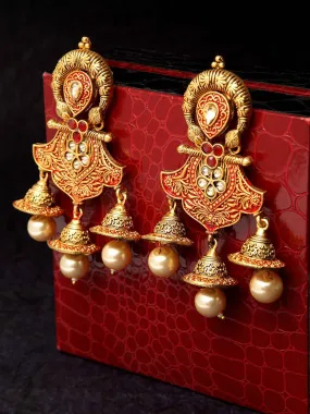 Gold-Toned & Red Dome Shaped Drop Earrings