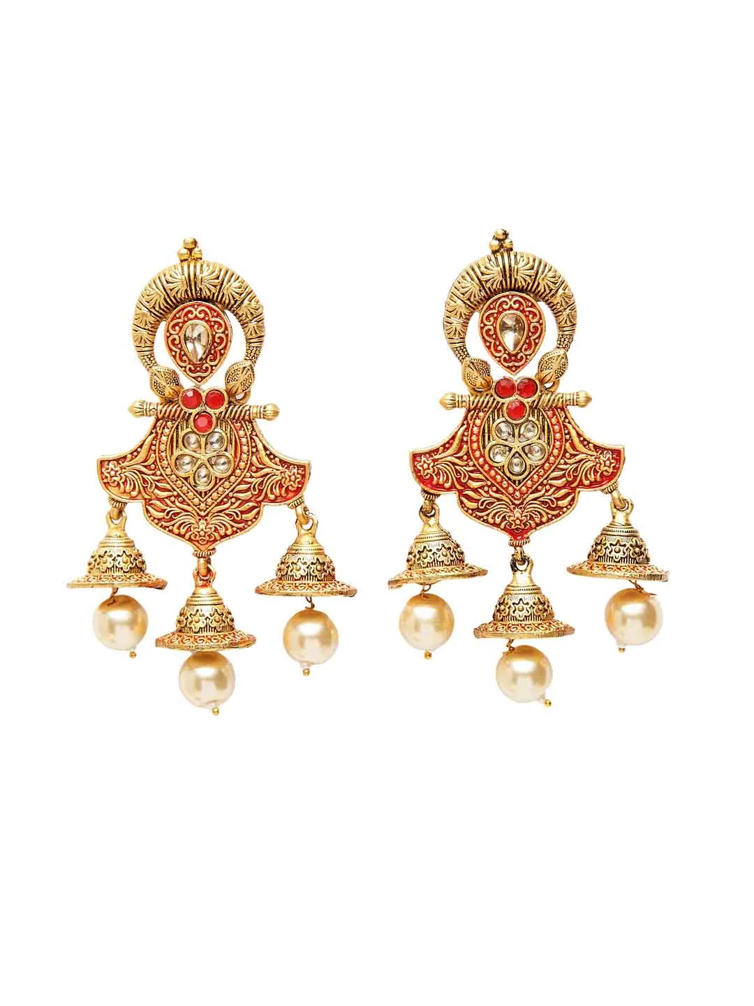 Gold-Toned & Red Dome Shaped Drop Earrings