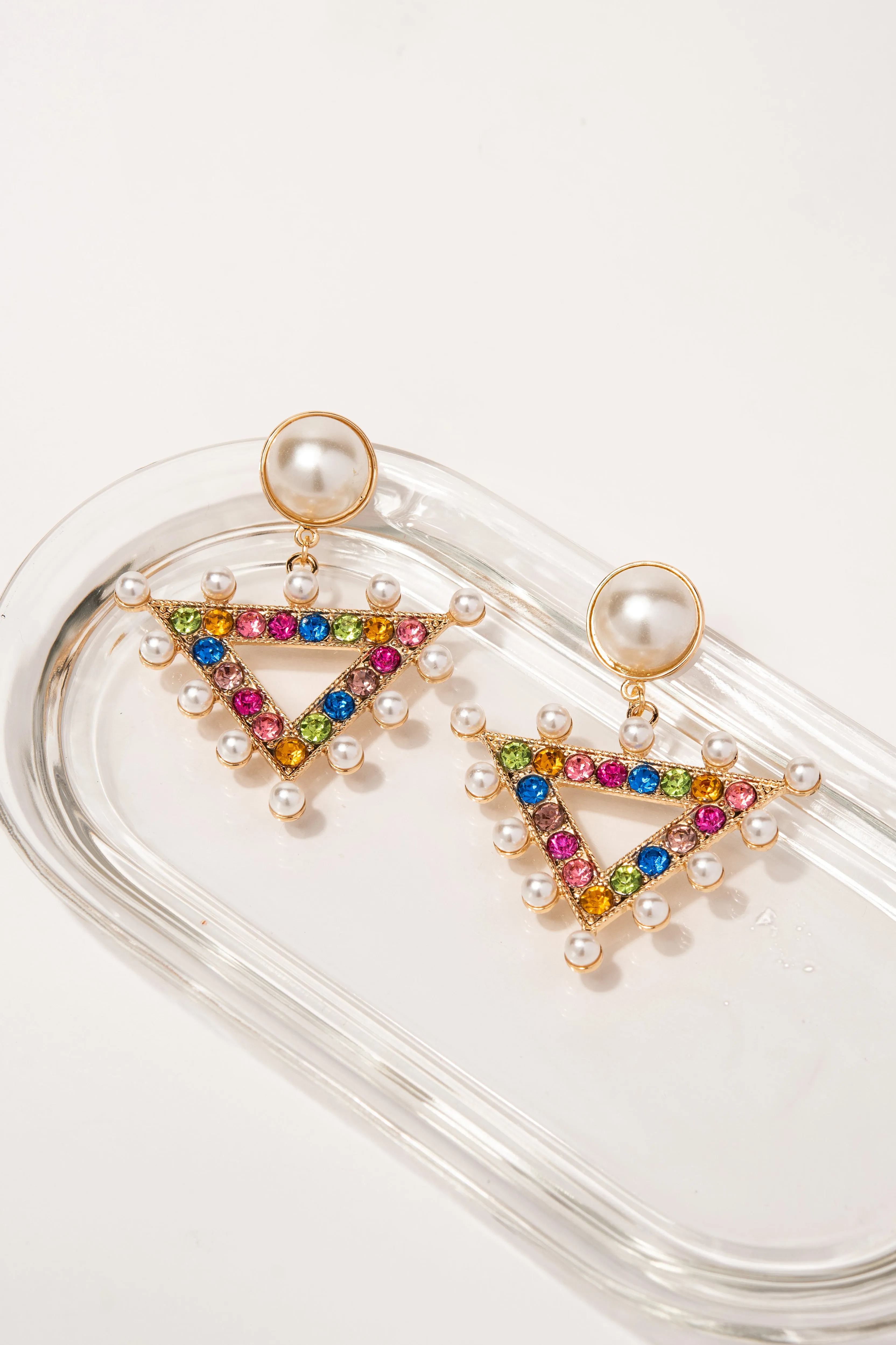 Meara Rhinestone and Pearl Triangle Drop Earrings