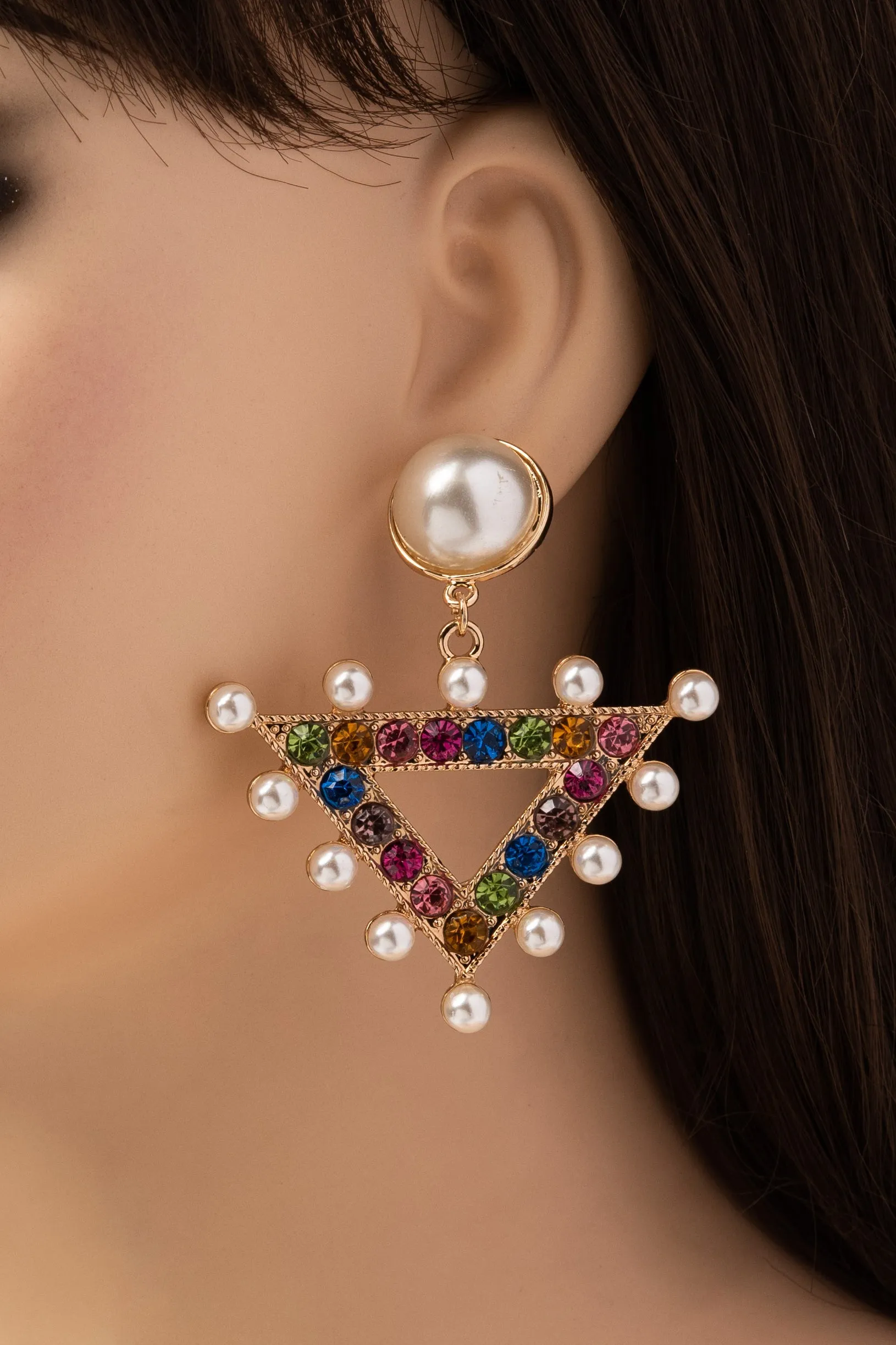 Meara Rhinestone and Pearl Triangle Drop Earrings