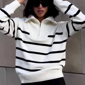 Oversized Foldover Collar Contrast Black and White Striped Half Zip Sweater