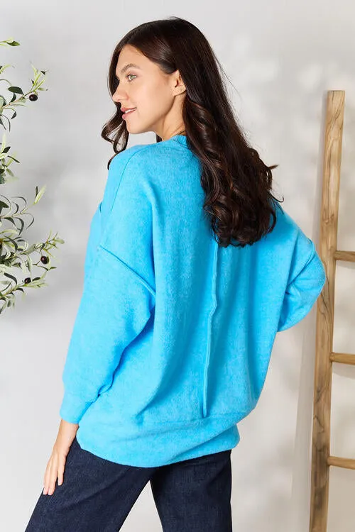 Round Neck Long Sleeve Sweater with Pocket in Deep Sky