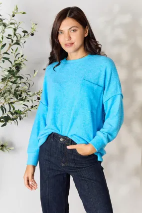 Round Neck Long Sleeve Sweater with Pocket in Deep Sky