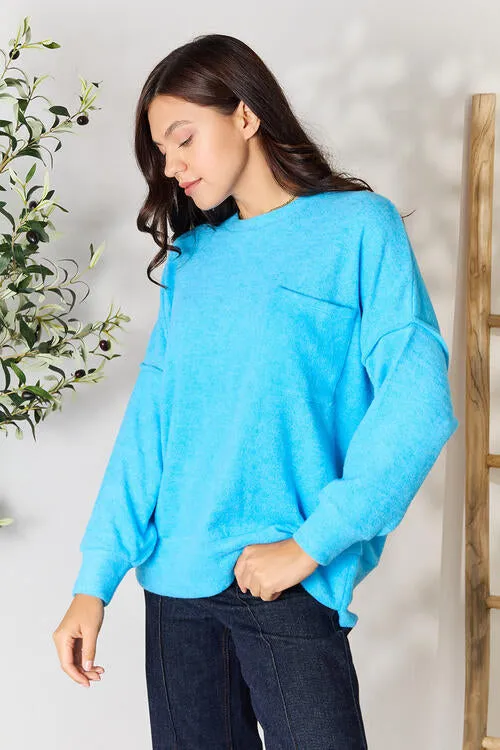 Round Neck Long Sleeve Sweater with Pocket in Deep Sky