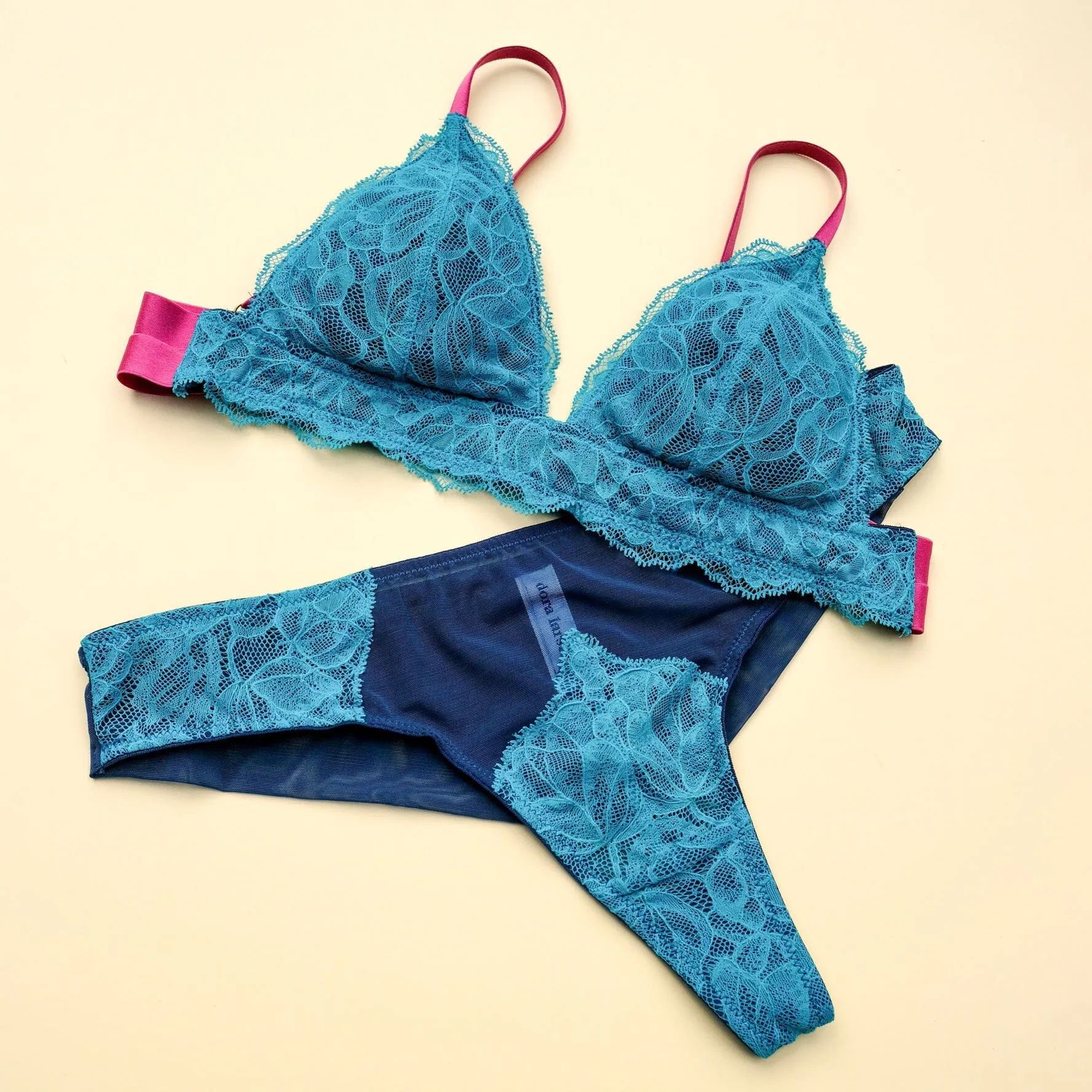 Turquoise lace & navy padded triangle